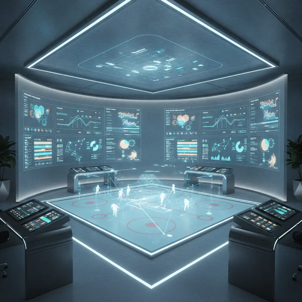 Huipputekninen urheiluanalytiikan valvontahuone ja hologrammikiekkokaukalon datanäytöt